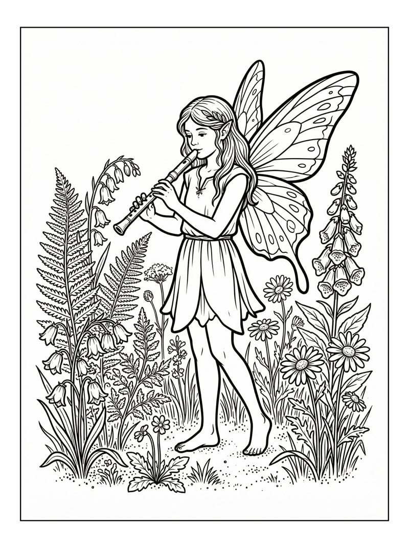 Woodland Fairy Plays Flute Among Wildflowers