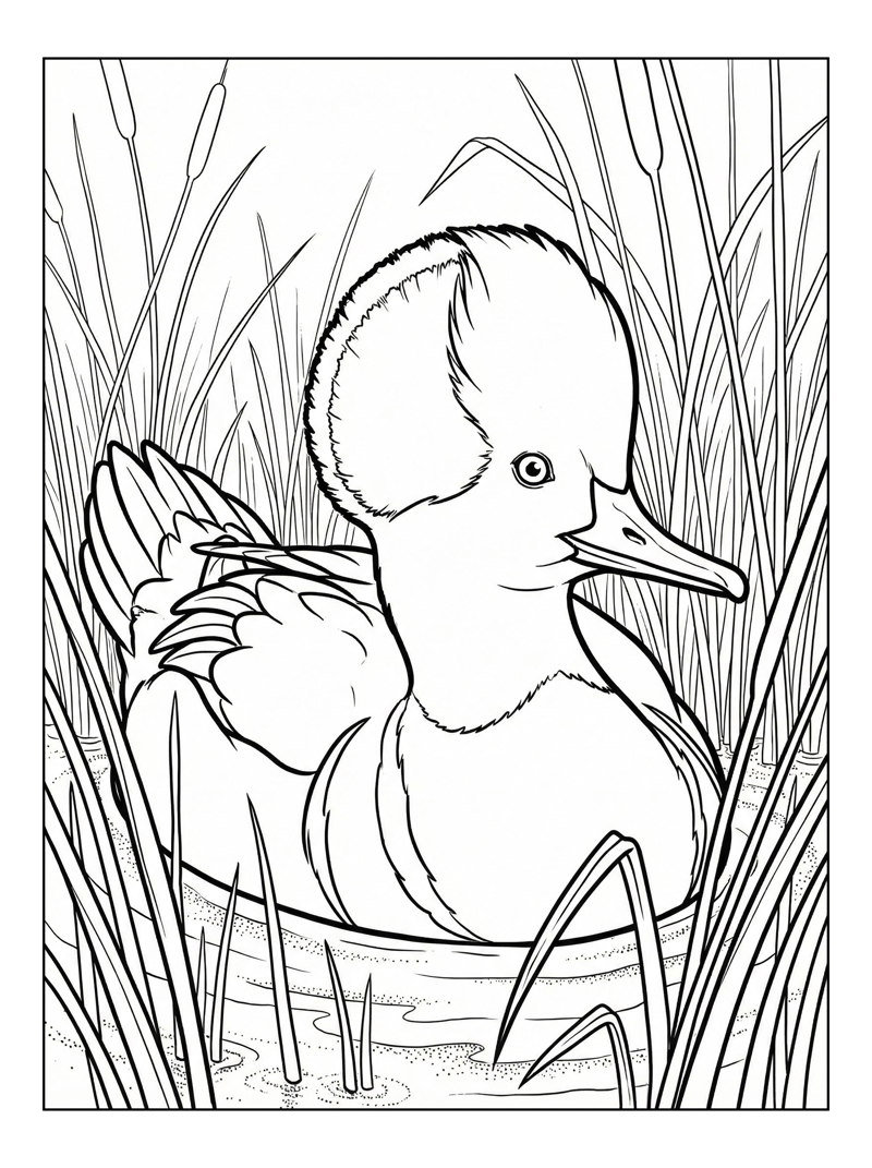 Hooded Merganser Floating In Reed Bed