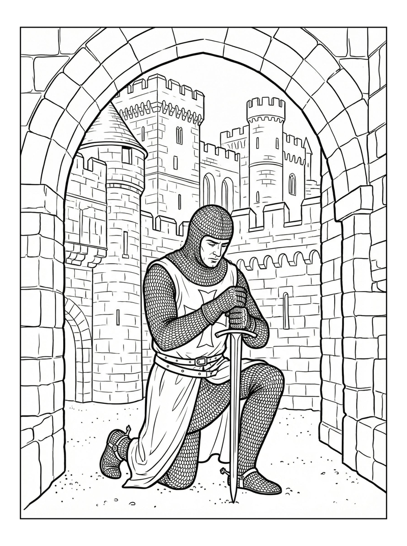 Crusader Knight Kneeling In Castle