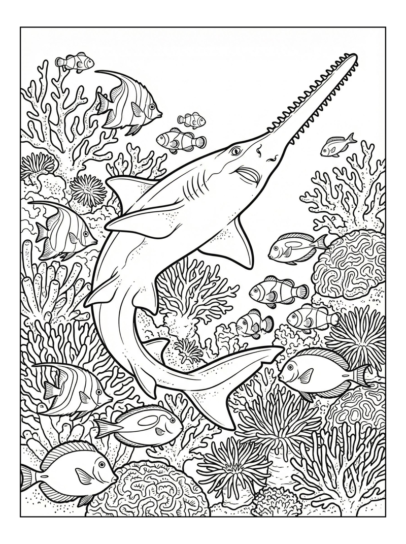 Sawshark Leaping In Coral Reef