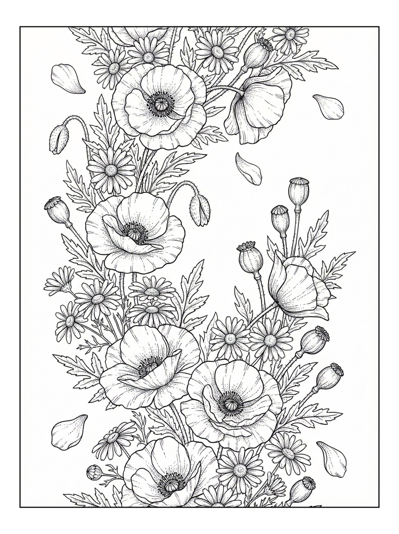 Poppies Daisies Blooming Floral Border