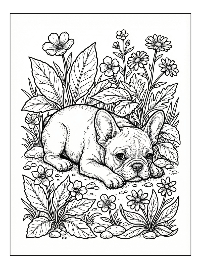 French Bulldog Puppy Lies Down Among Flowers