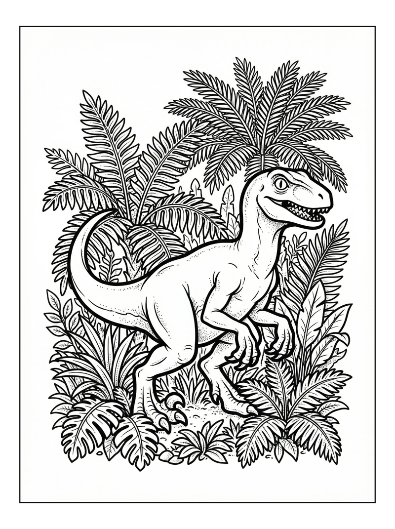 Velociraptor Crouching In Fern Forest