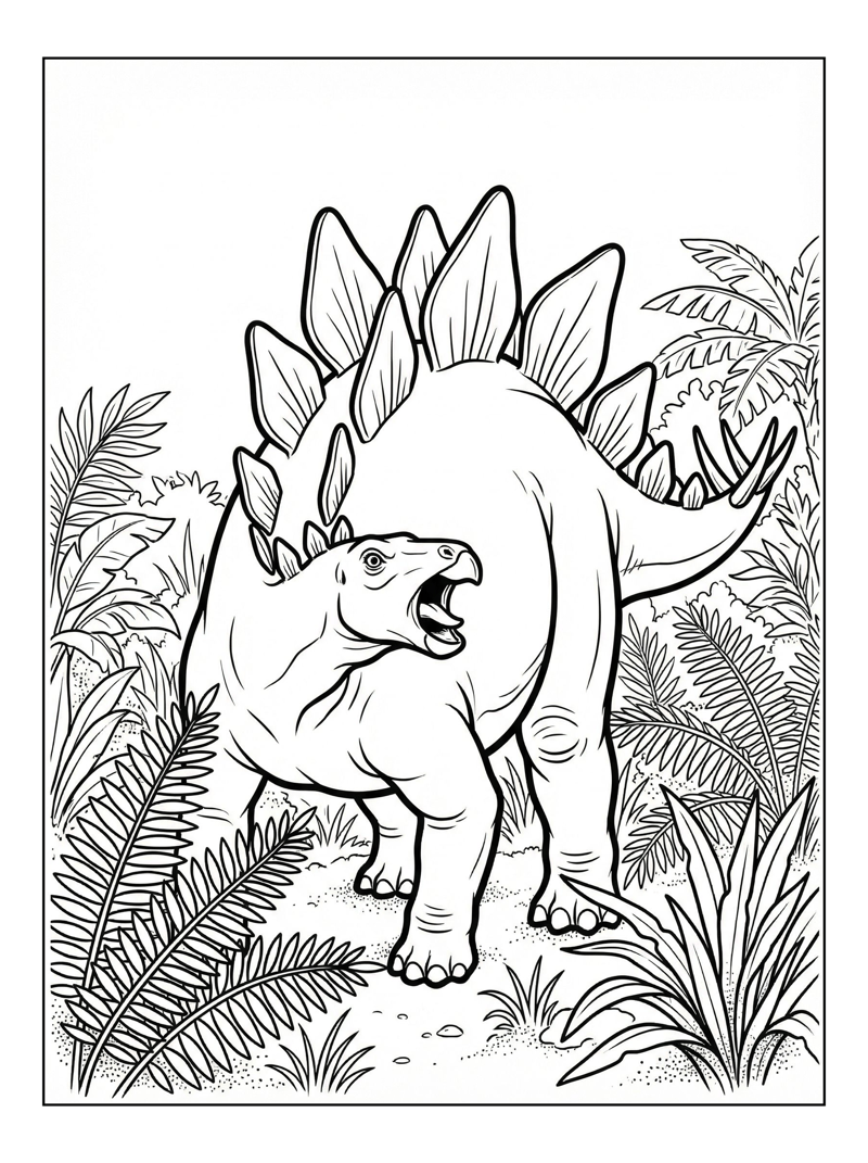 Coloring page of Stegosaurus Mother Baby Roaring Jungle
