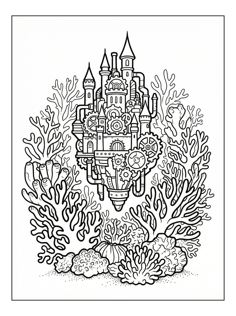 Steampunk Castle Floating In Coral Reef