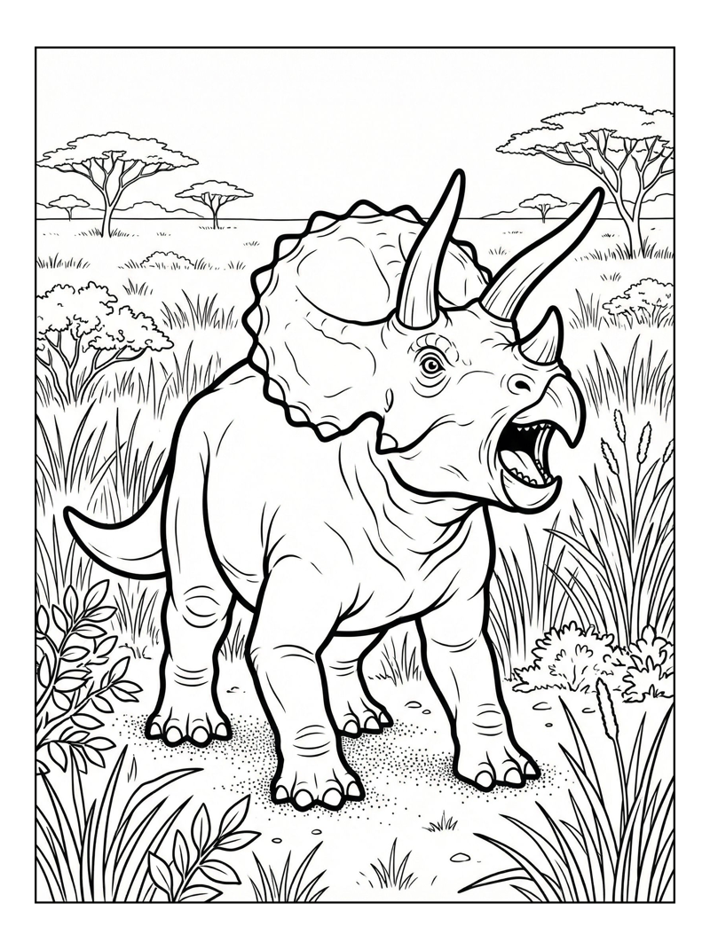Triceratops Roaring In Savannah