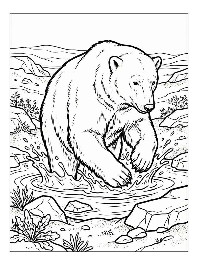 Polar Bear Splashing In Arctic Tundra