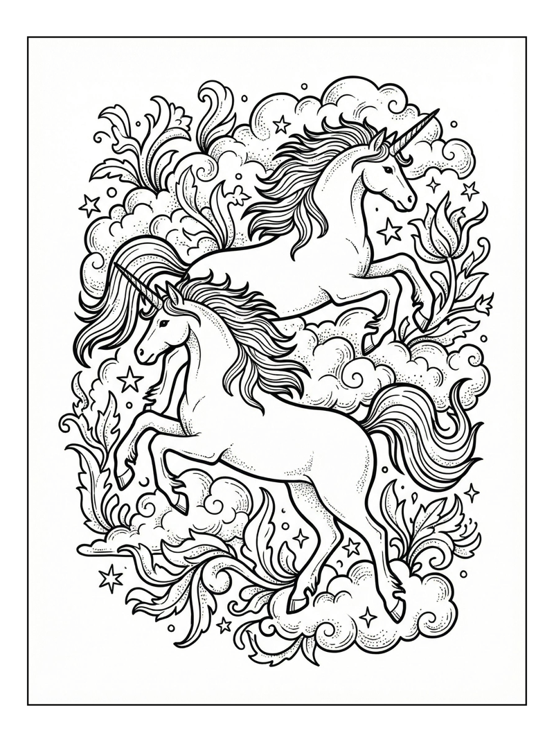 Unicorns Leaping Among Clouds Stars