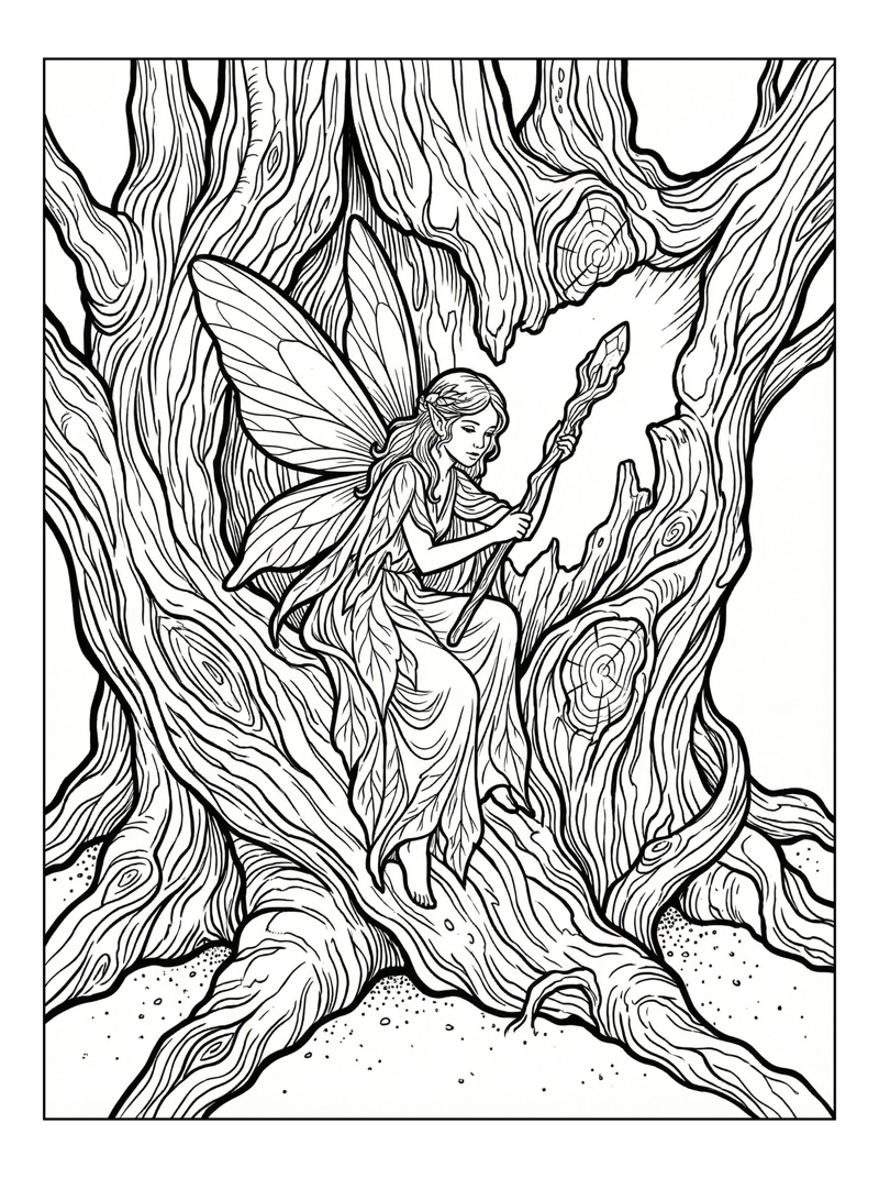 Woodland Fairy Holding Magic Wand In Tree