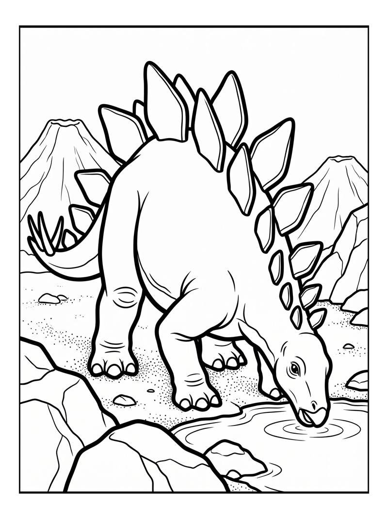 Juvenile Stegosaurus Drinking Volcanic Landscape