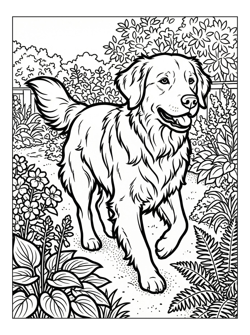 Golden Retriever Running In Backyard Garden