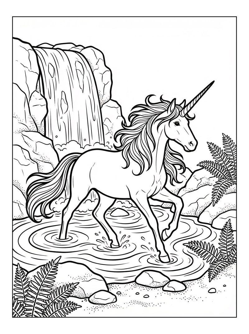 Forest Unicorn Trotting In Waterfall Pool