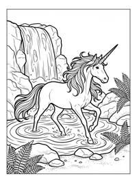Forest Unicorn Trotting In Waterfall Pool