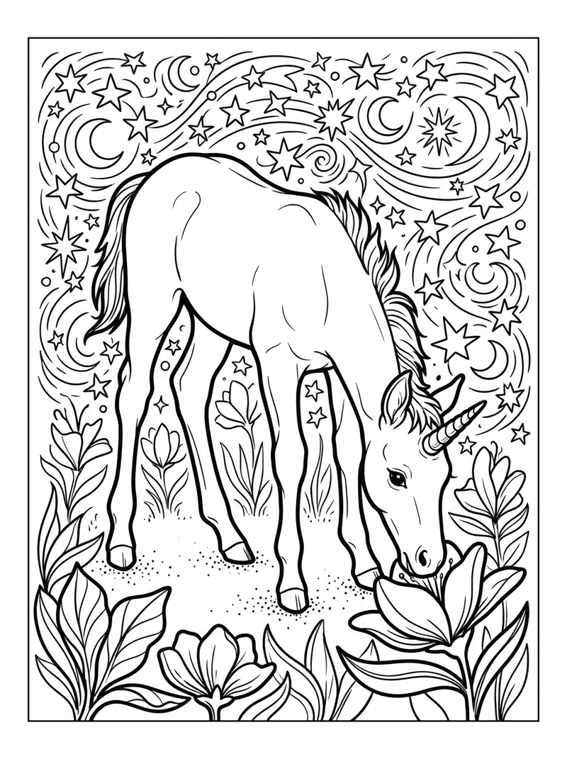 Baby Unicorn Grazing Starry Night