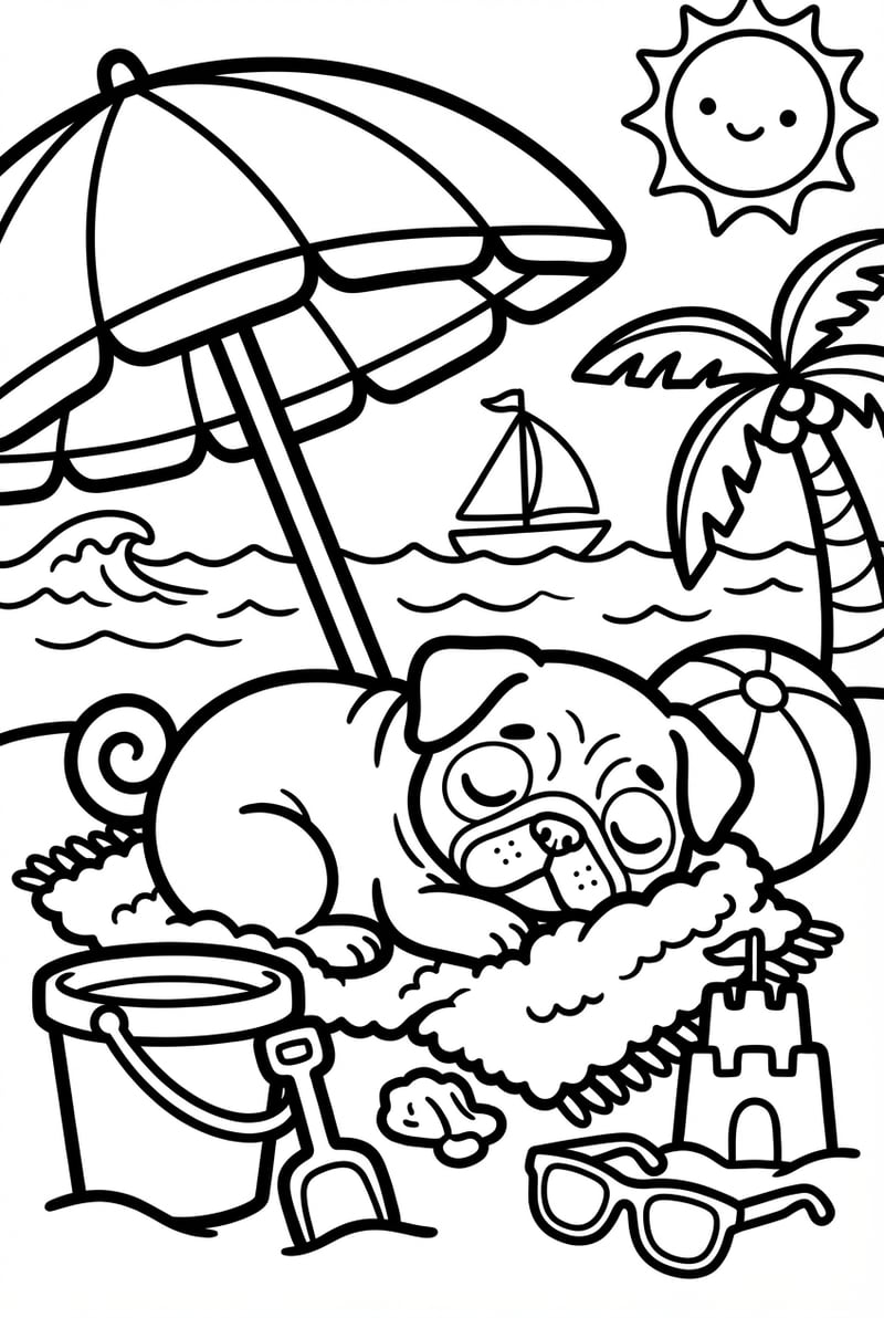 Sleepy Pug in a beach napping