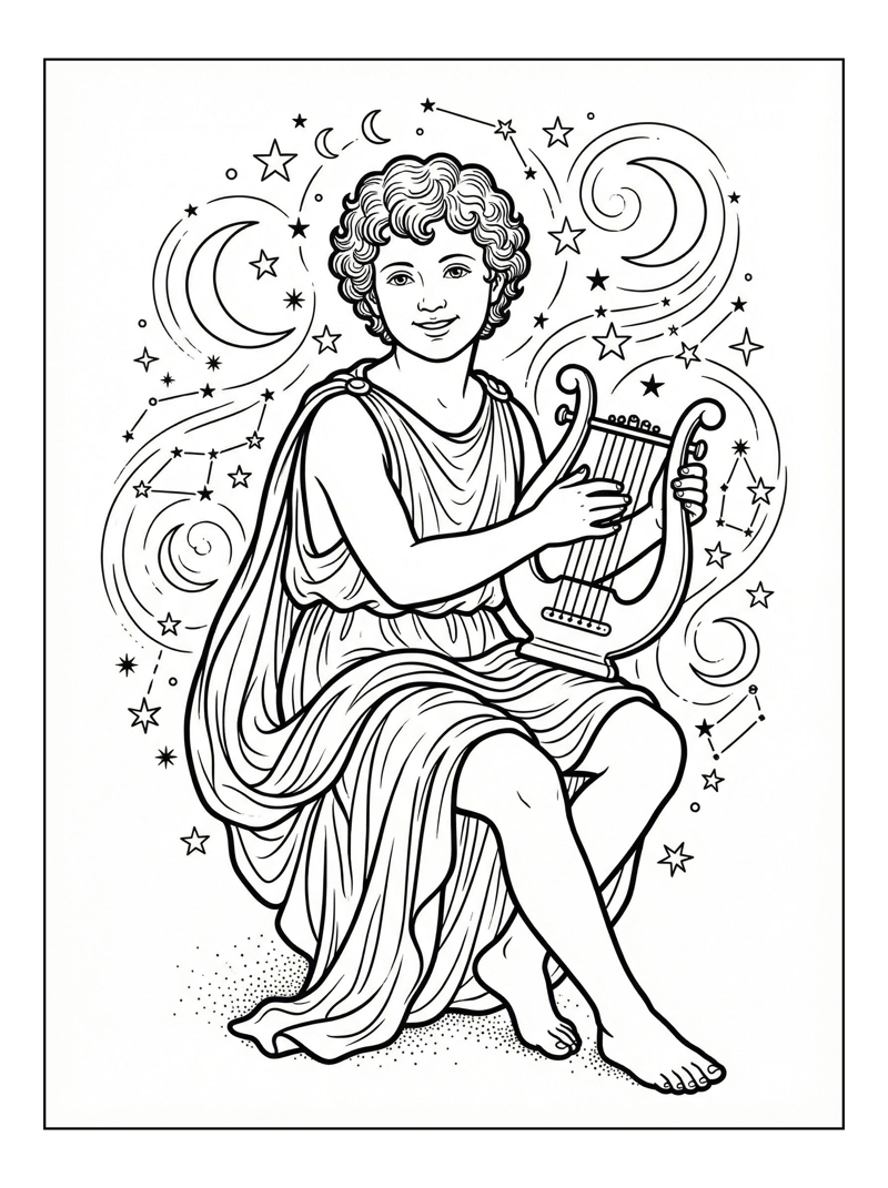 Cupid Playing Lyre Under Stars