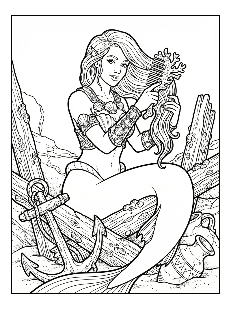 Mermaid Brushing Hair At Shipwreck