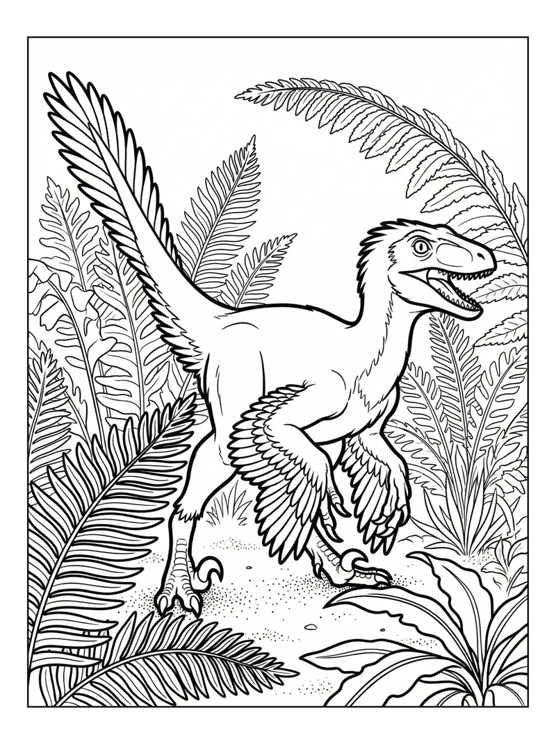 Feathered Velociraptor In Fern Forest