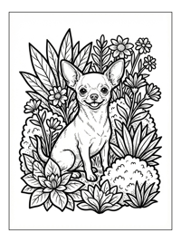Chihuahua Sits Among Flowers Bushes