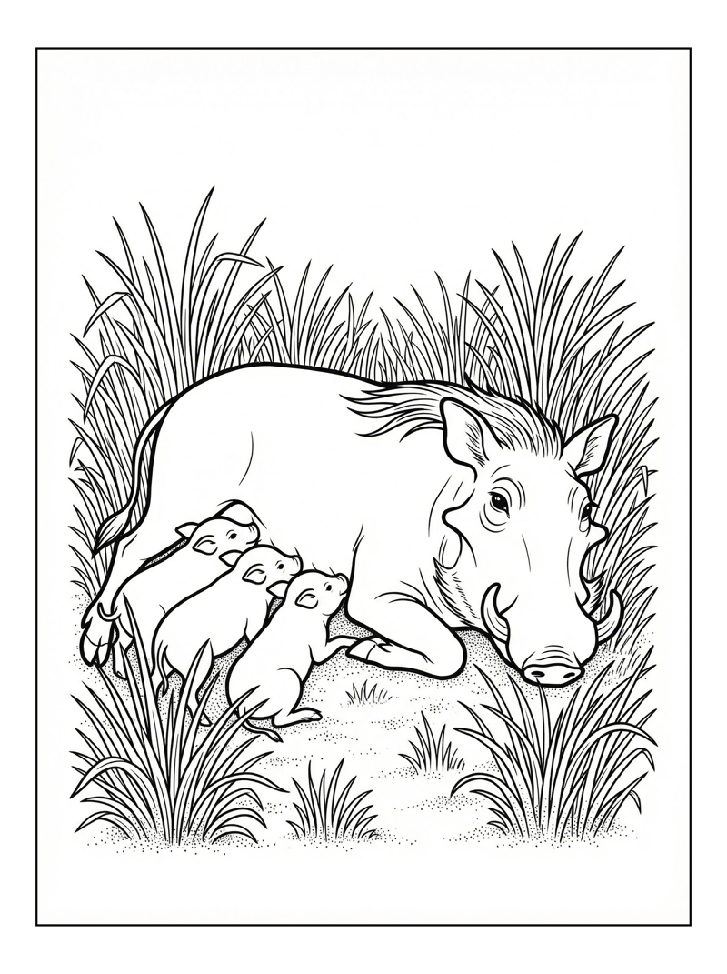 Warthog Mother Nursing Babies In Grass