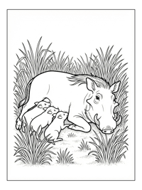 Warthog Mother Nursing Babies In Grass