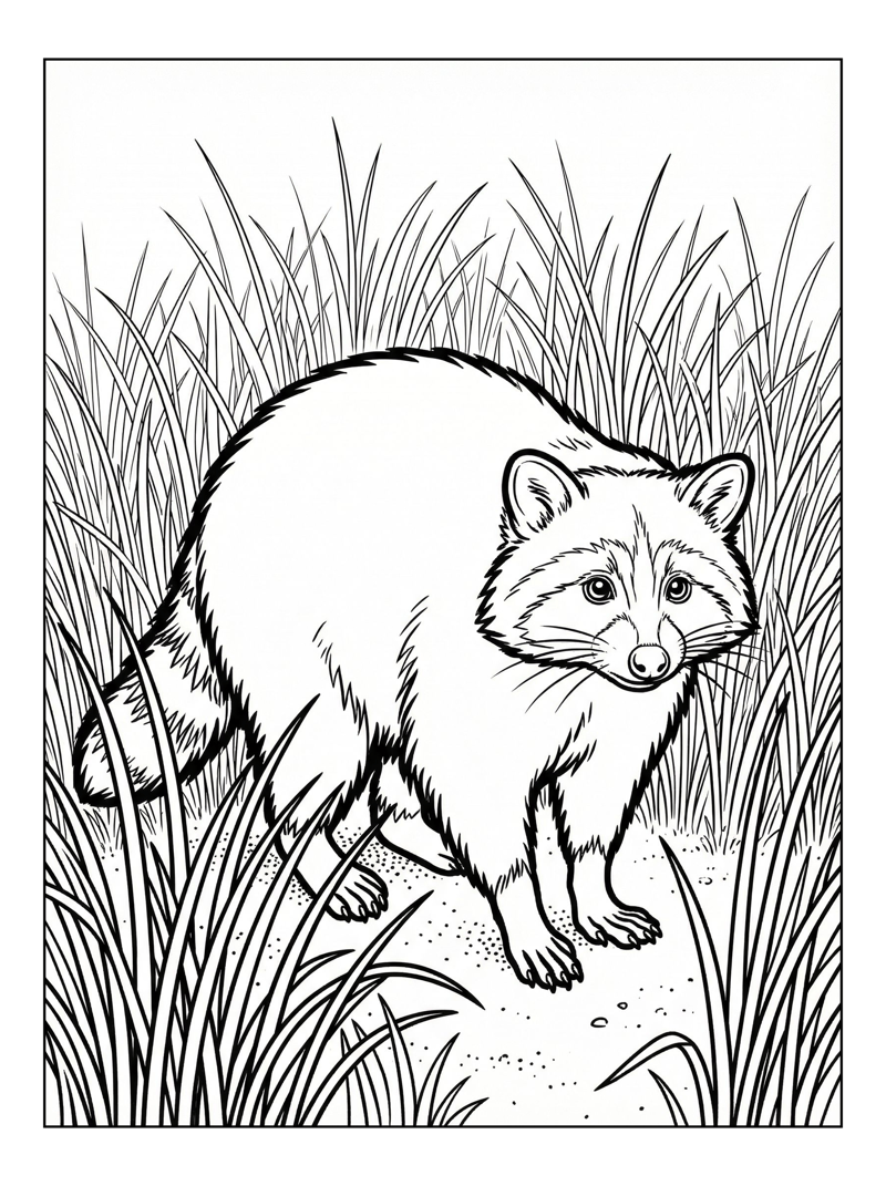 Raccoon Watching In Tall Grass
