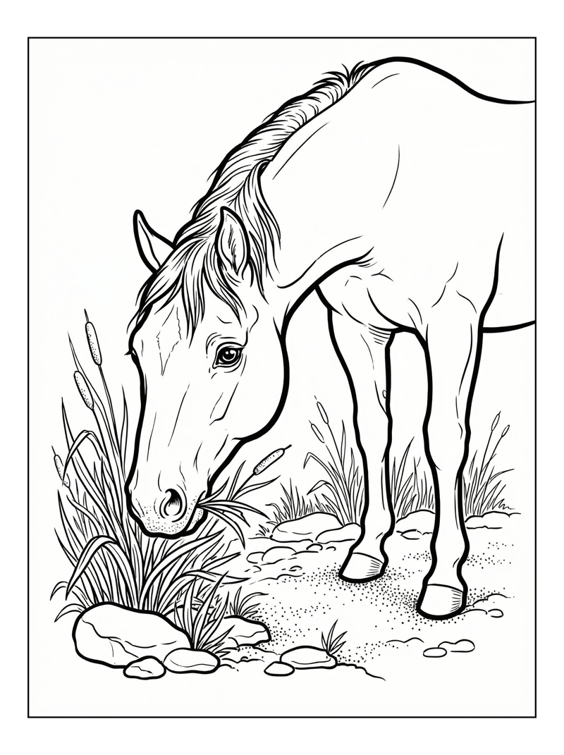 Stallion Nuzzling Riverbank Grass