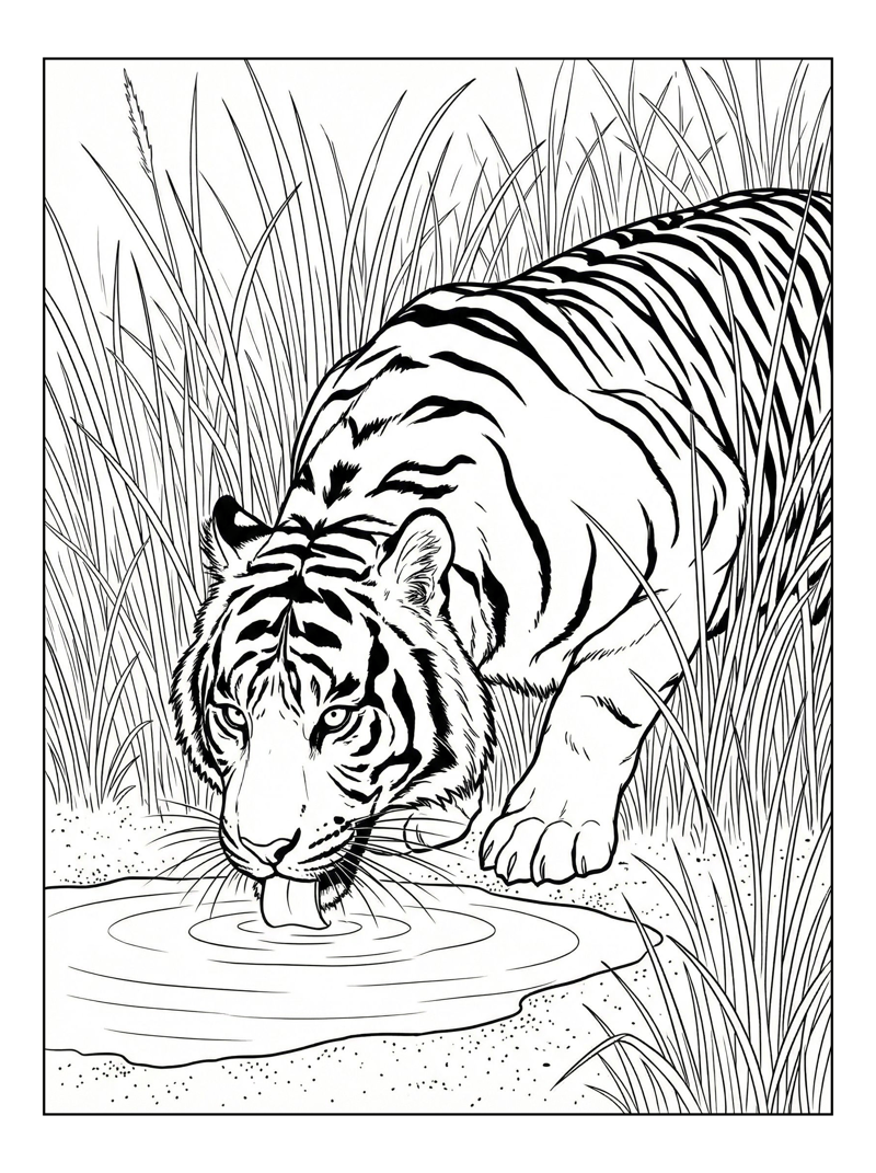 Sumatran Tiger Drinking In Tall Grass