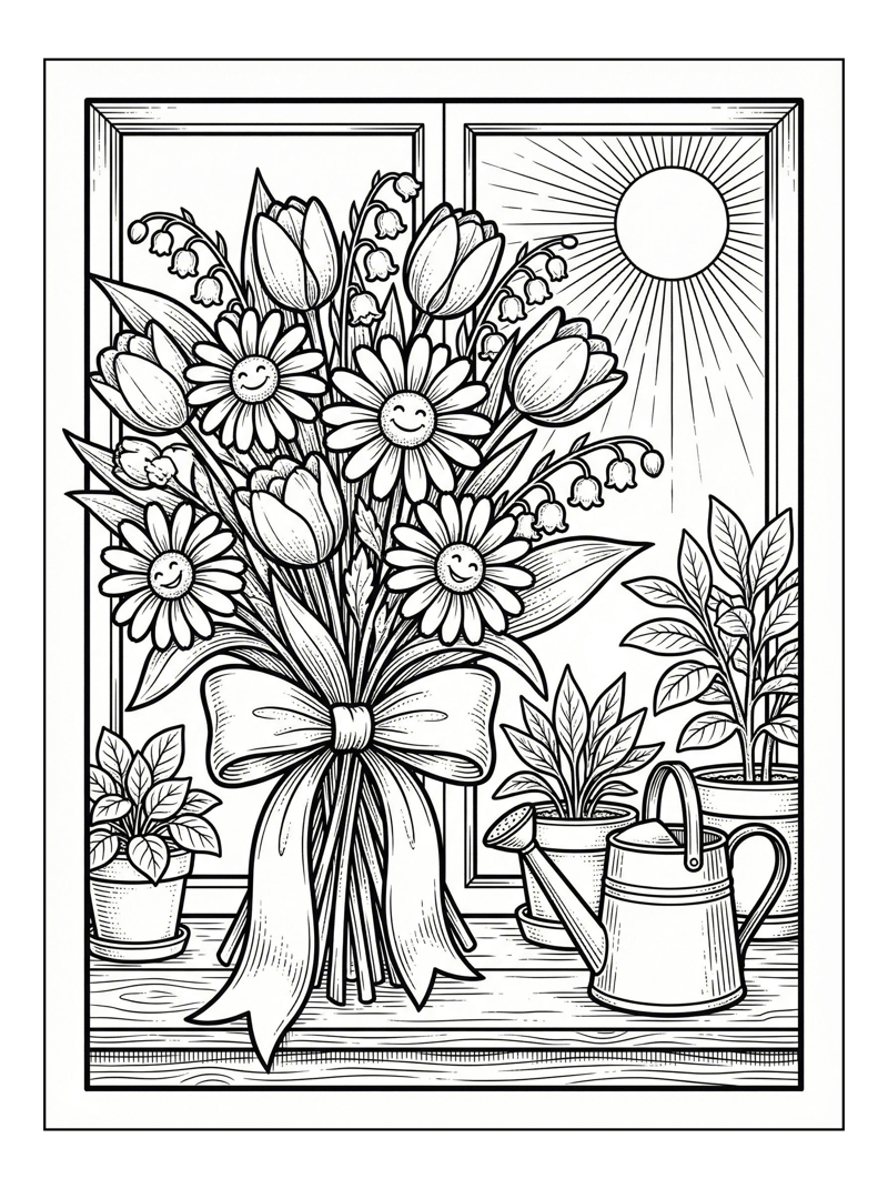 Smiling Daisies Tulips Bouquet On Windowsill