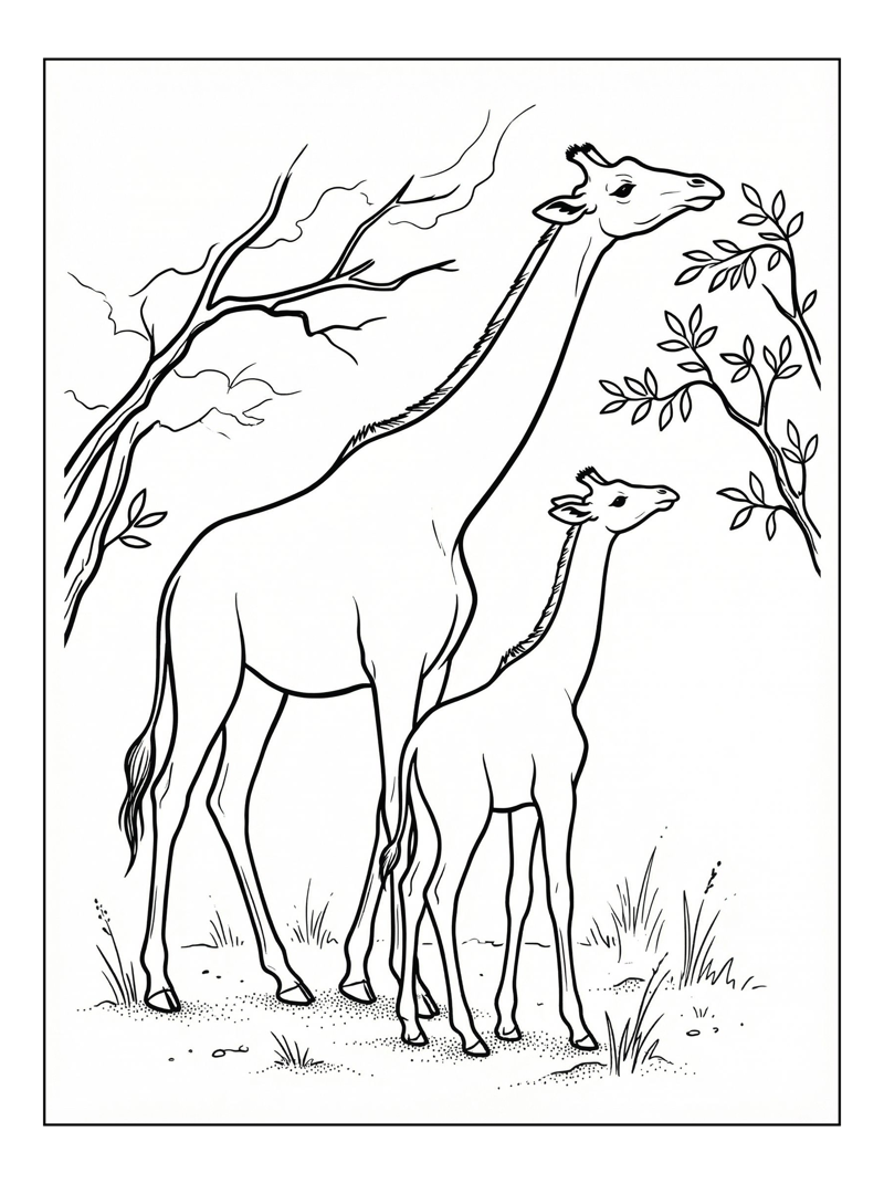 Giraffe Mother Calf Reaching Leaves