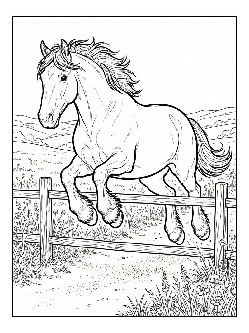 Shire Horse Jumping Over Fence In Meadow