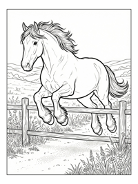 Shire Horse Jumping Over Fence In Meadow