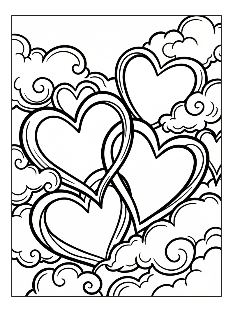 Coloring page of Interlocking Hearts Floating In Cloudscape
