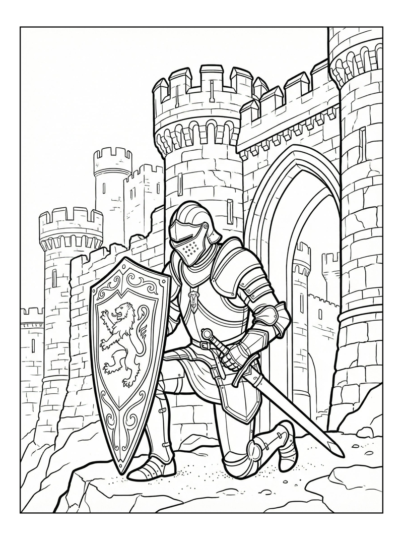 Knight Errant Kneeling At Castle Gate