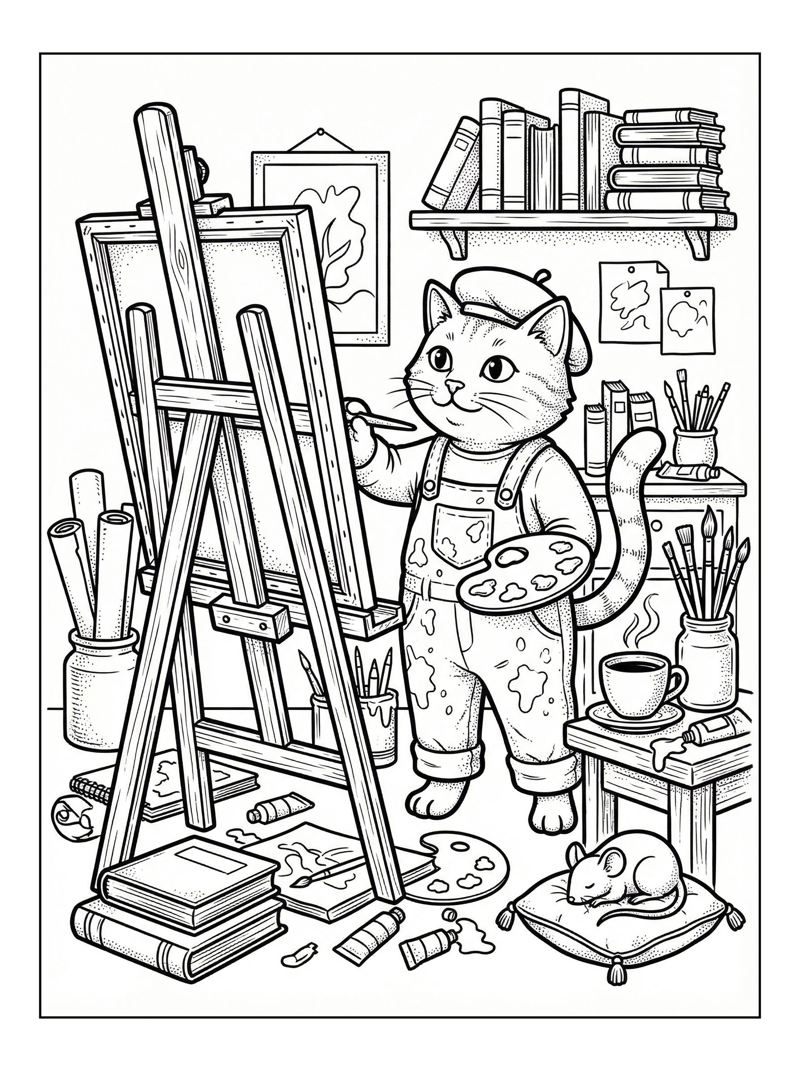 Cat Artist Painting In Studio