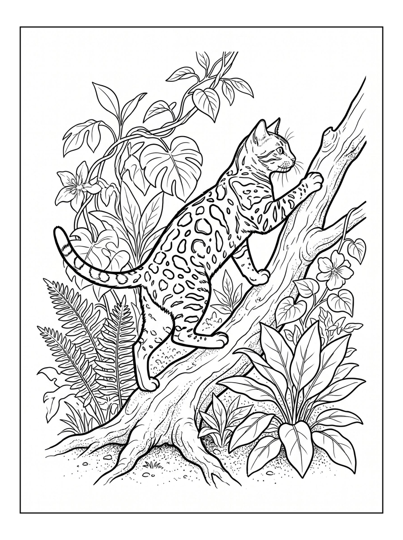 Bengal Cat Climbing Tree In Garden