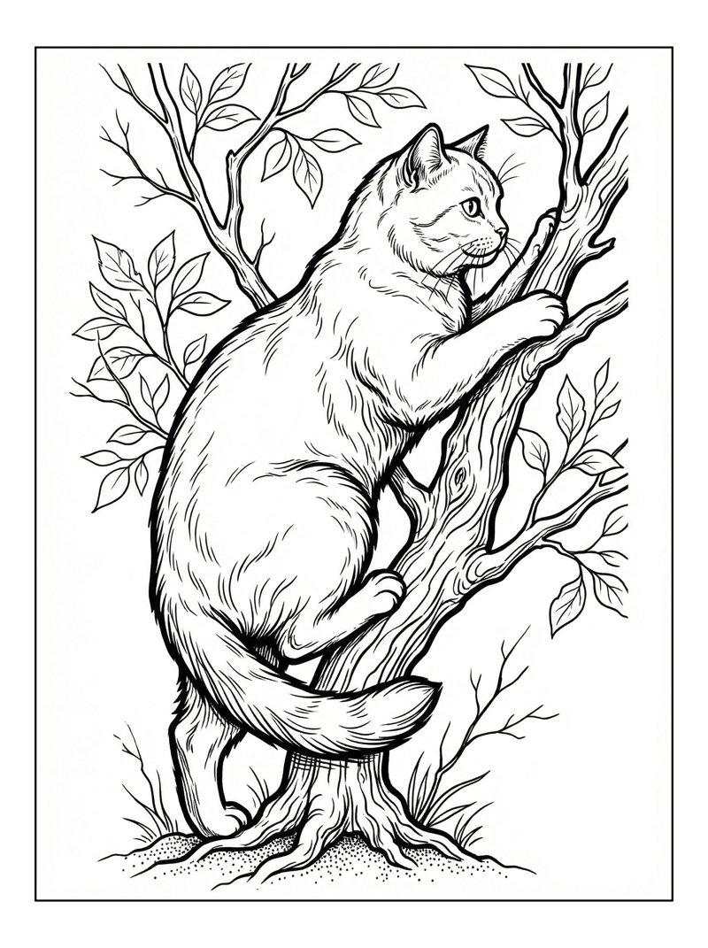 British Shorthair Cat Climbing Tree