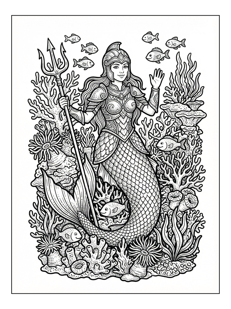 Warrior Mermaid Waving Trident In Coral Reef