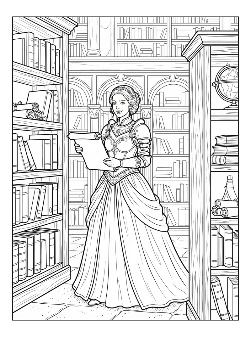 Knight Princess Holds Scroll In Library