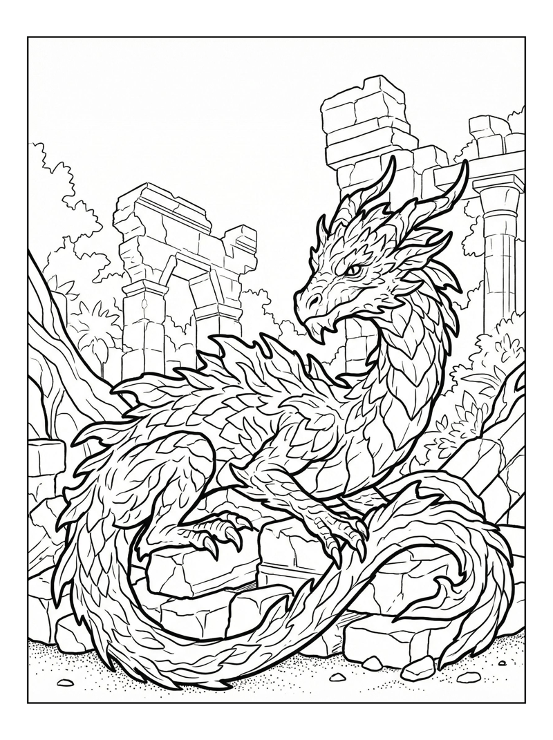 Forest Dragon Resting Among Ancient Ruins