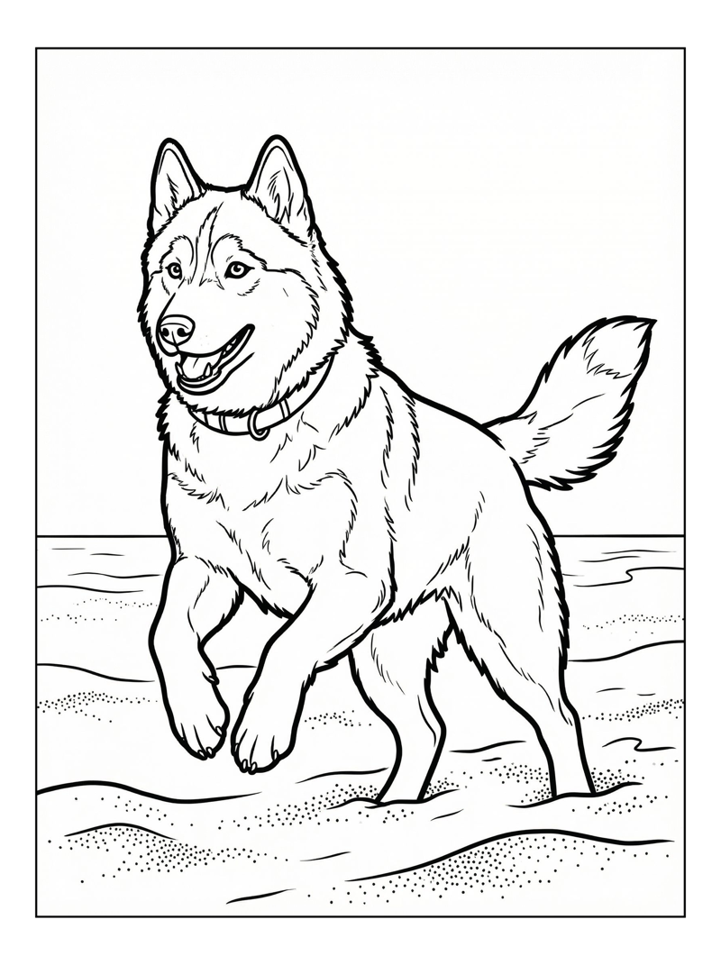 Siberian Husky Walking On Sandy Beach