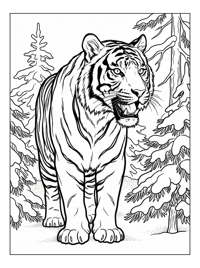 Sumatran Tiger Roaring Snowy Forest