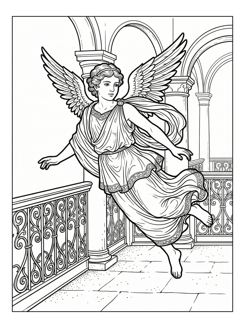 Coloring page of Roman Cupid Flying By Palace Balcony