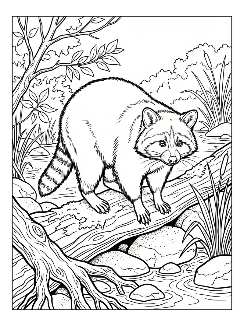 Racoon Balancing Log River