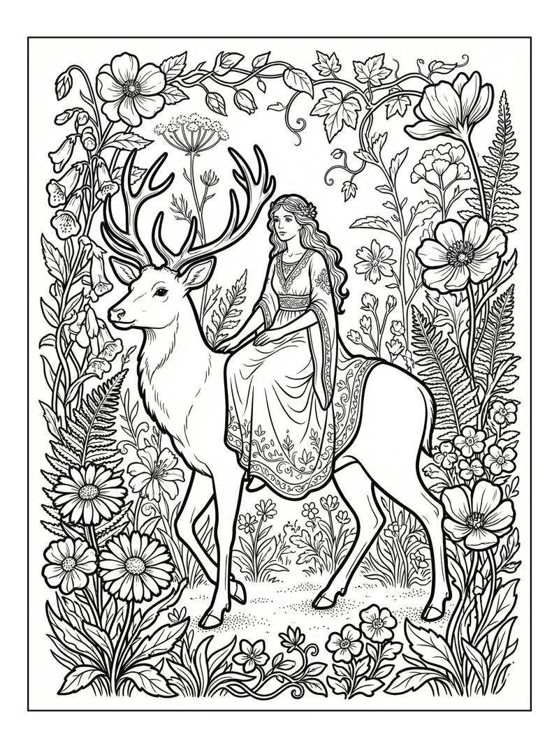 Woodland Princess Riding Stag In Garden