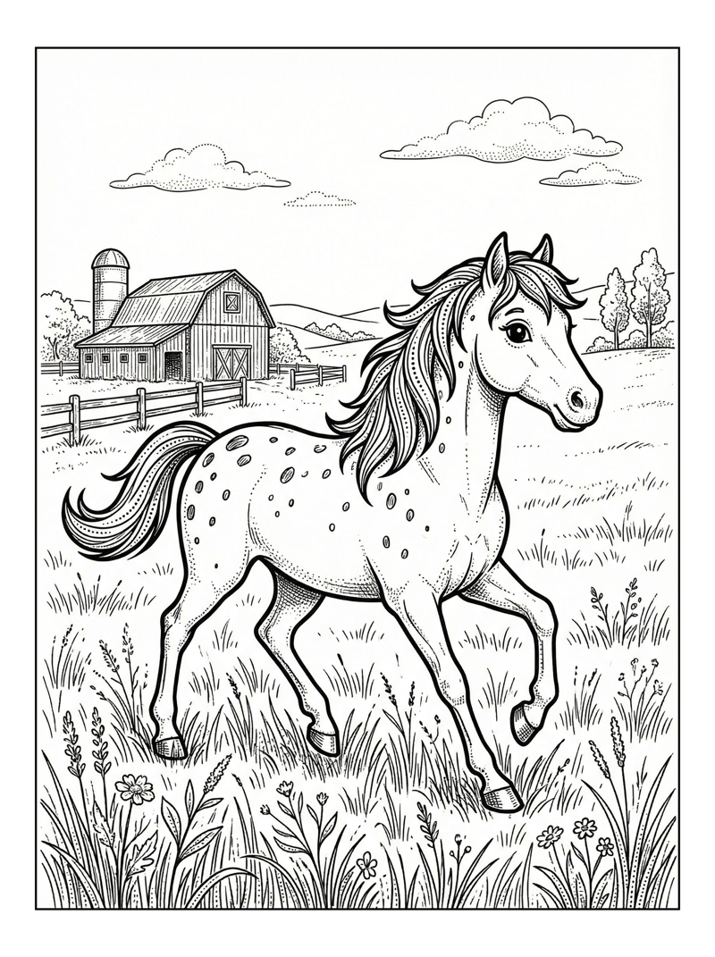 Spotted Horse Trots Through Grassy Field