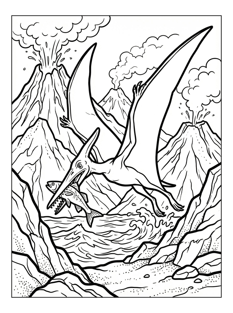 Pterodactyl Fishing Volcanic Landscape