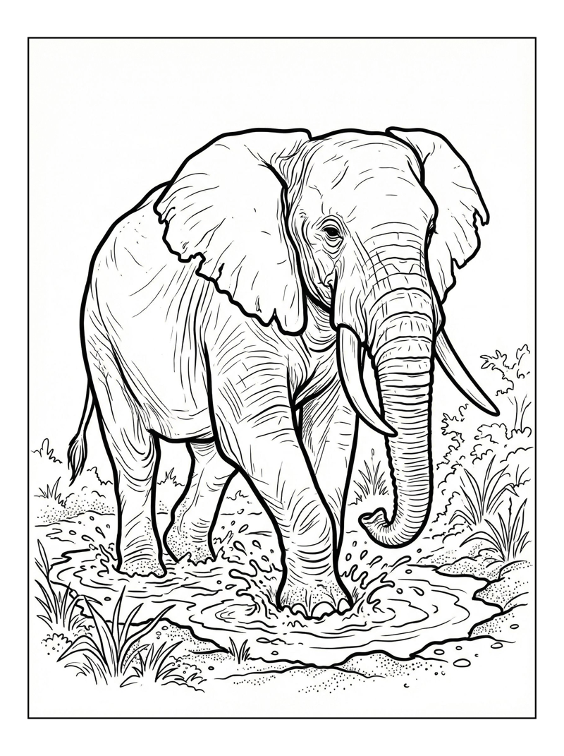 African Bush Elephant Wading In Mud