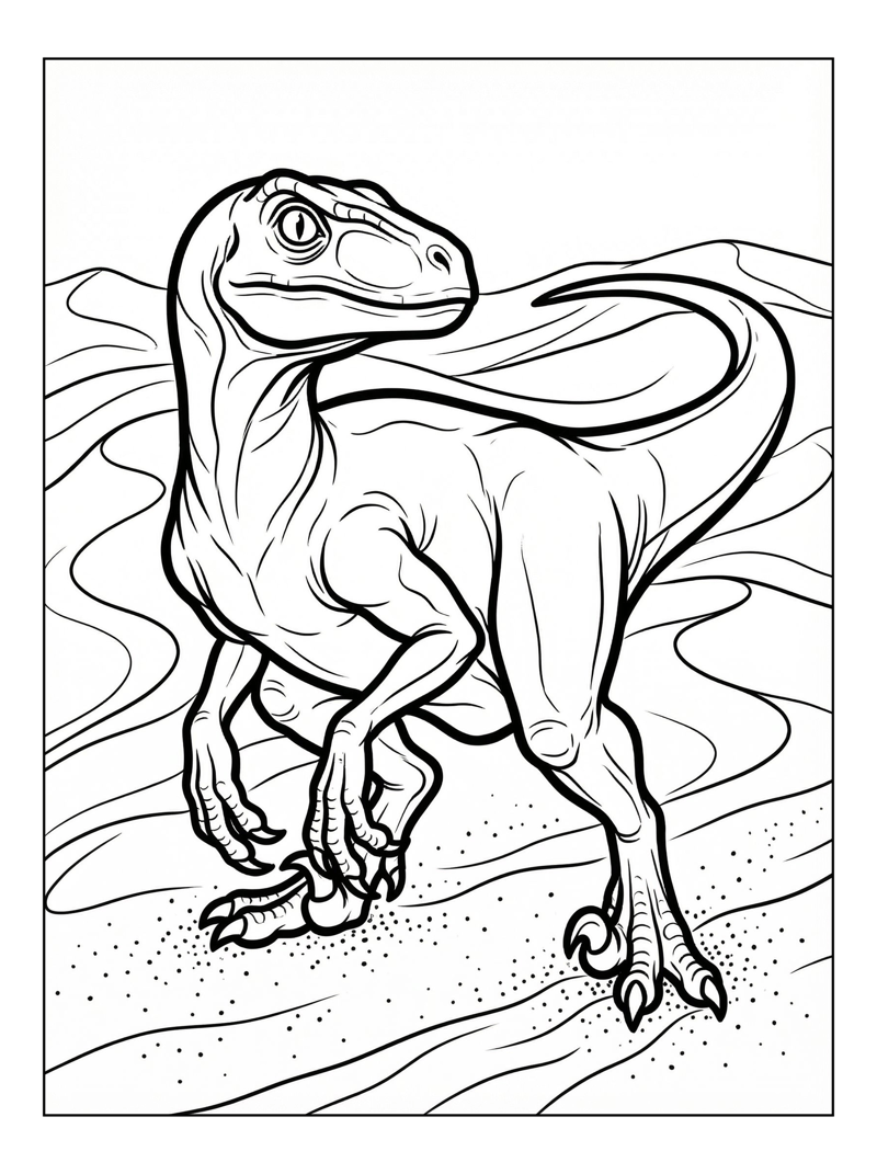 Velociraptor Squatting In Sandy Dunes
