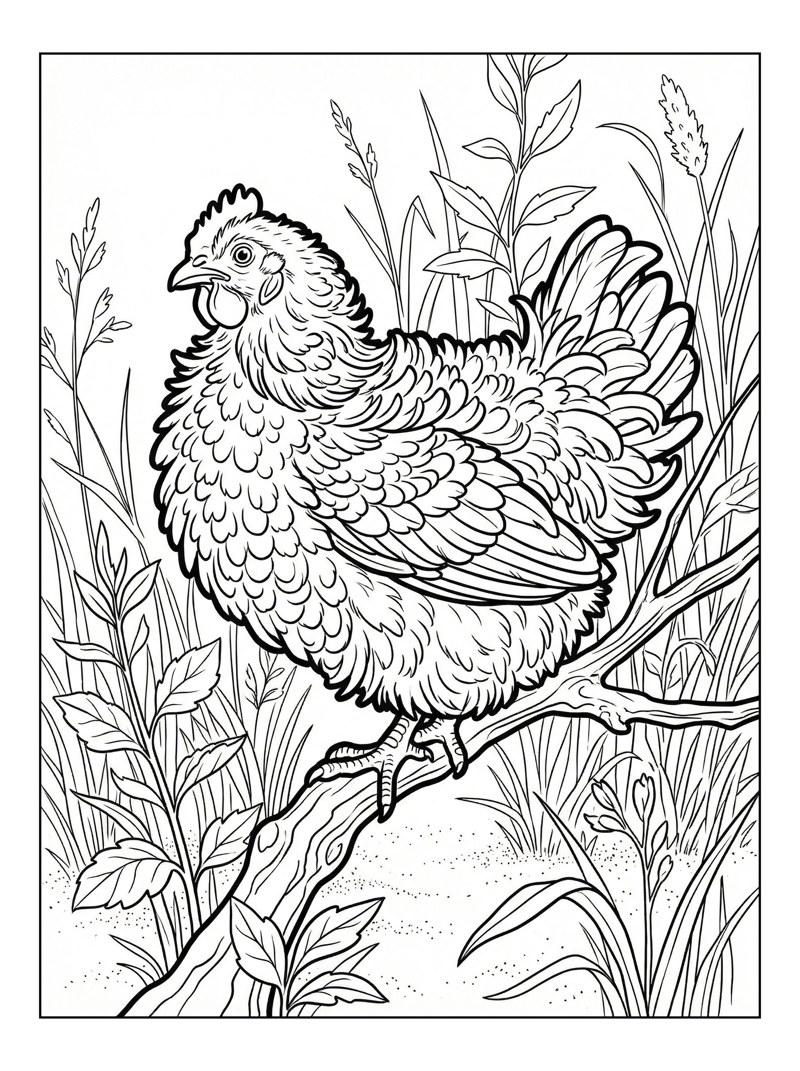 Frizzle Chicken Perching In Grassy Meadow